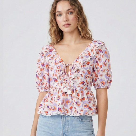 Maeve by Anthropologie Cottagecore Floral Peplum Blouse with Tassels - Picture 2 of 15